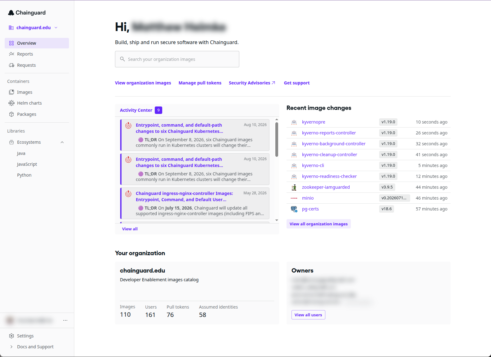 Screenshot showing the Chainguard Console's Overview page.
